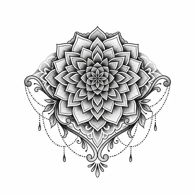 Disegno di tatuaggio in stile Dotwork: un fiore a mandala