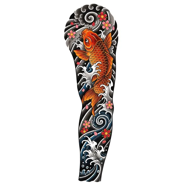 Japanese tattoo design: a koi fish swimming up through waves and cherry blossoms