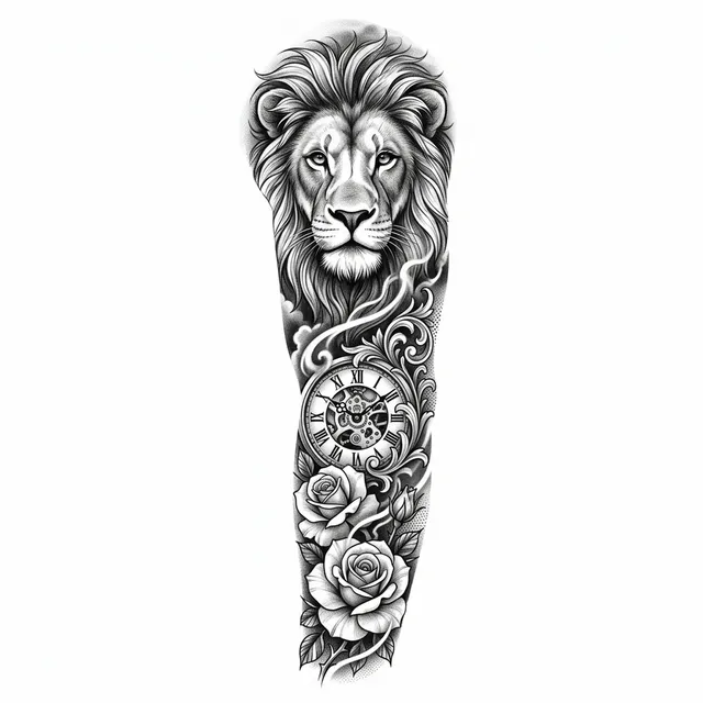 Black & grey tattoo design: a lion, a clock and roses