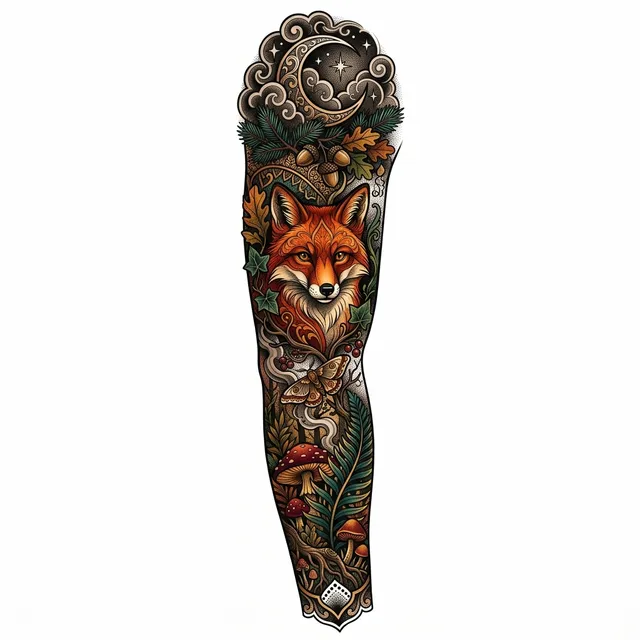 Neo-traditional tattoo design: a forest scene with a fox, mushrooms and ferns