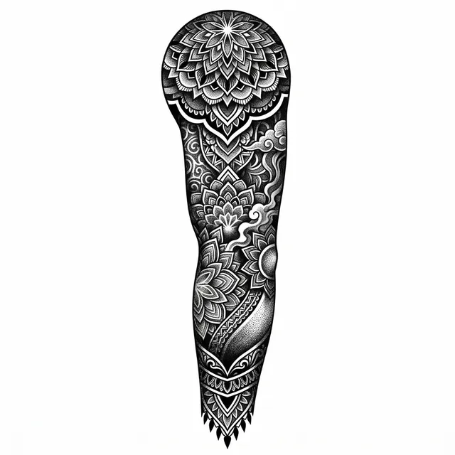 Blackwork tattoo design: ornamental mandala patterns and dotwork gradients
