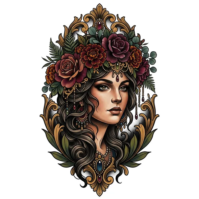 Neo-traditional tattoo design: a woman face with a flower crown