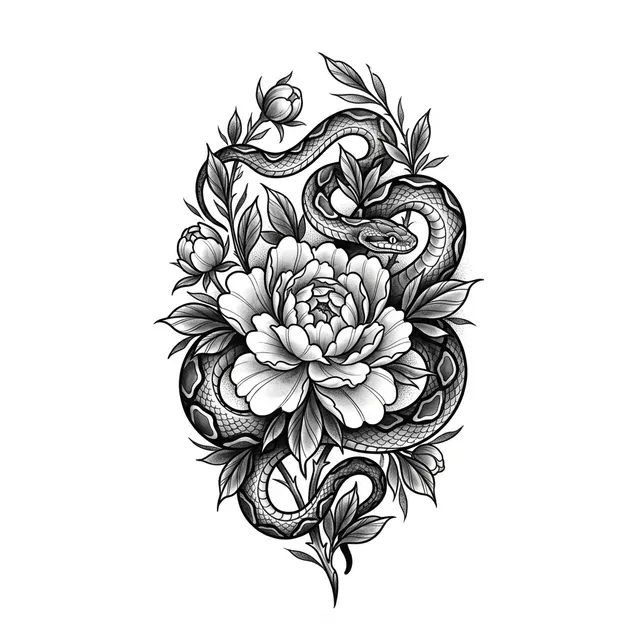 Black & grey tattoo design: a snake coiled around a peony