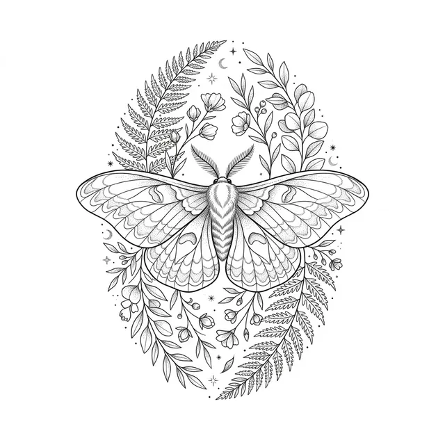 Fine line tattoo design: a large moth with botanical details
