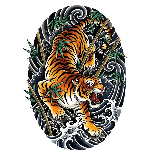 Japanese tattoo design: a tiger in bamboo