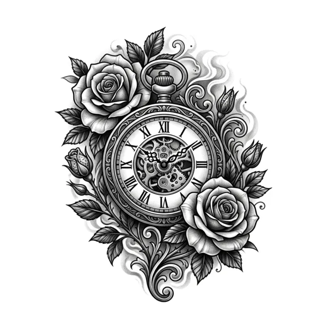 Black & grey tattoo design: a clock with roses