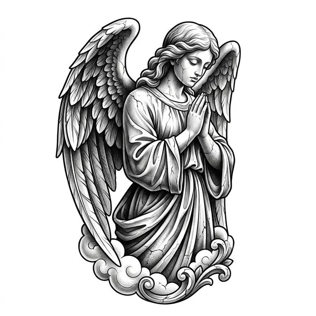 Black & grey tattoo design: a praying angel statue