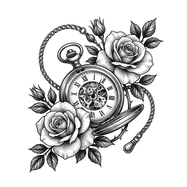 Black & grey tattoo design: a pocket watch with roses