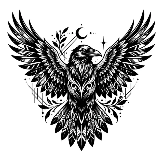 Blackwork tattoo design: a raven with spread wings