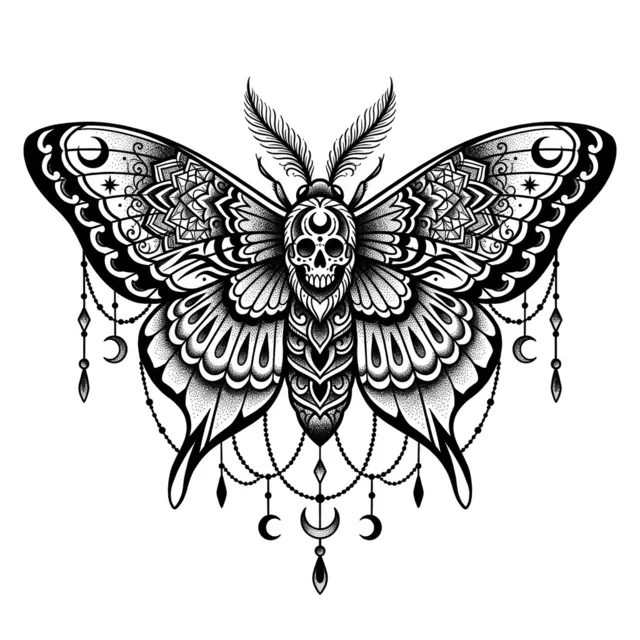 Blackwork tattoo design: a moth with ornamental patterns