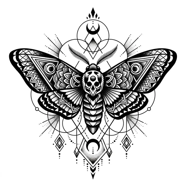 Blackwork tattoo design: a moth with geometric patterns