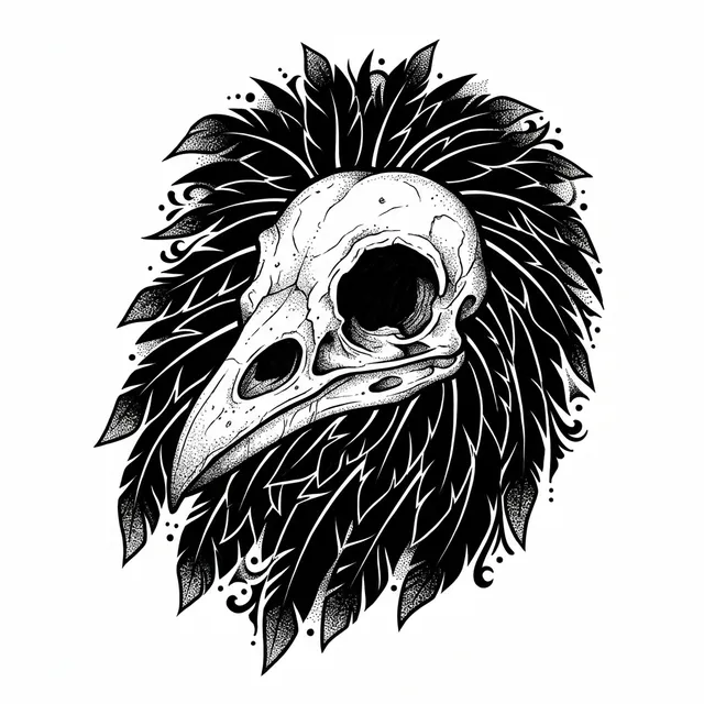 Blackwork tattoo design: a raven skull with solid black feathers