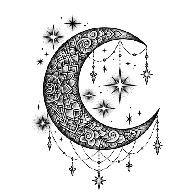 Dotwork tattoo design: a crescent moon with stars