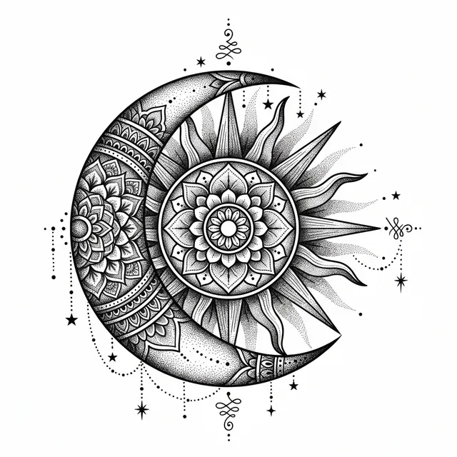 Tattoo-Design im Stil Dotwork: eine Mondsichel mit einer aus Punkten gestalteten Sonne