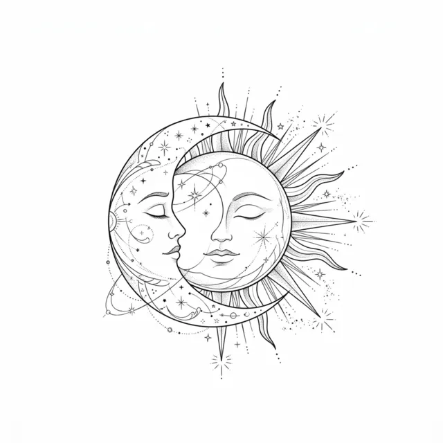 Fine line tattoo design: a sun and moon interlocking