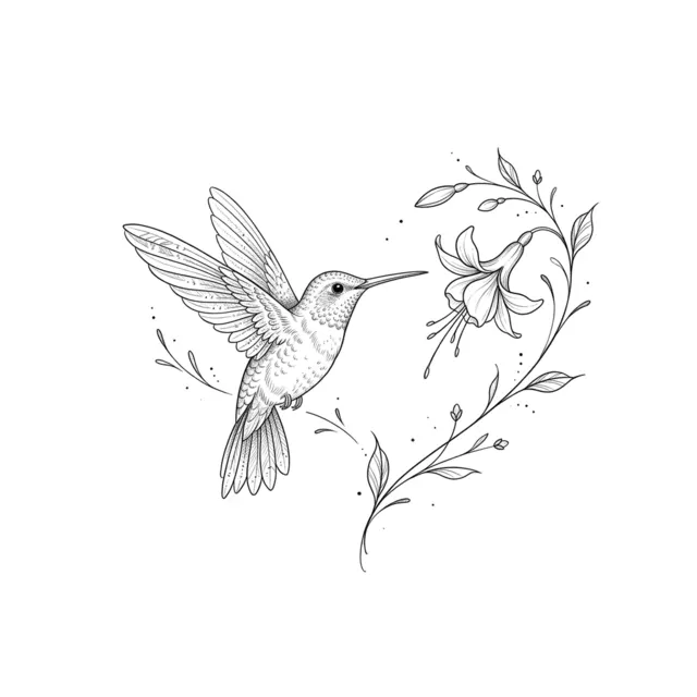 Fine line tattoo design: a hummingbird with a single flower