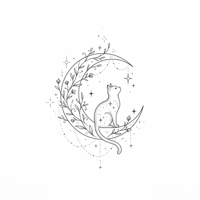 Fine line tattoo design: a delicate cat silhouette with a moon