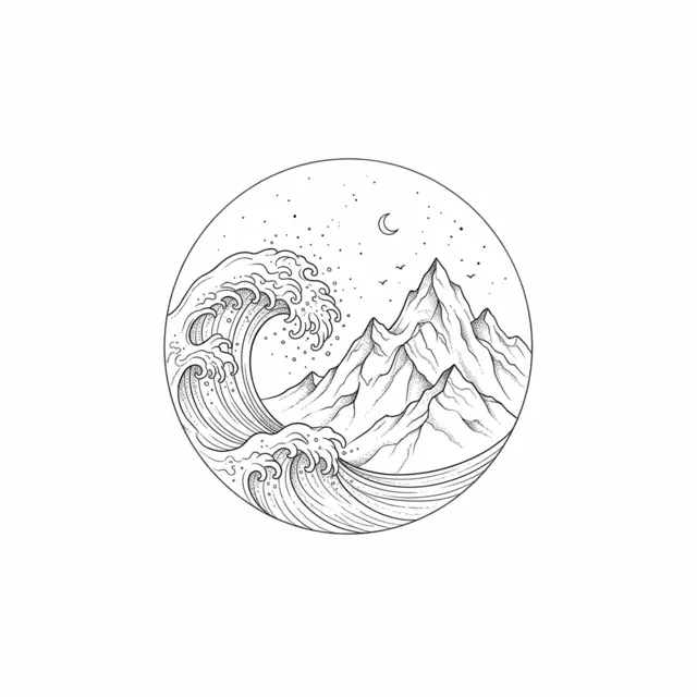 Fine line tattoo design: a wave and mountain inside a thin circle