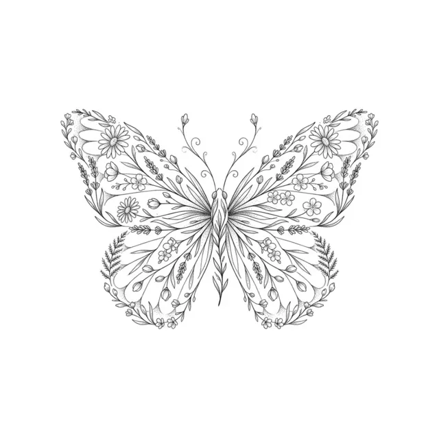 Fine line tattoo design: a butterfly made of wildflowers