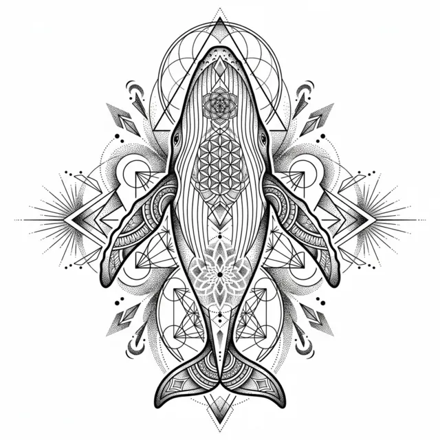Geometric tattoo design: a whale with geometric lines