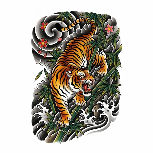 Japanese tattoo design: a tiger in bamboo