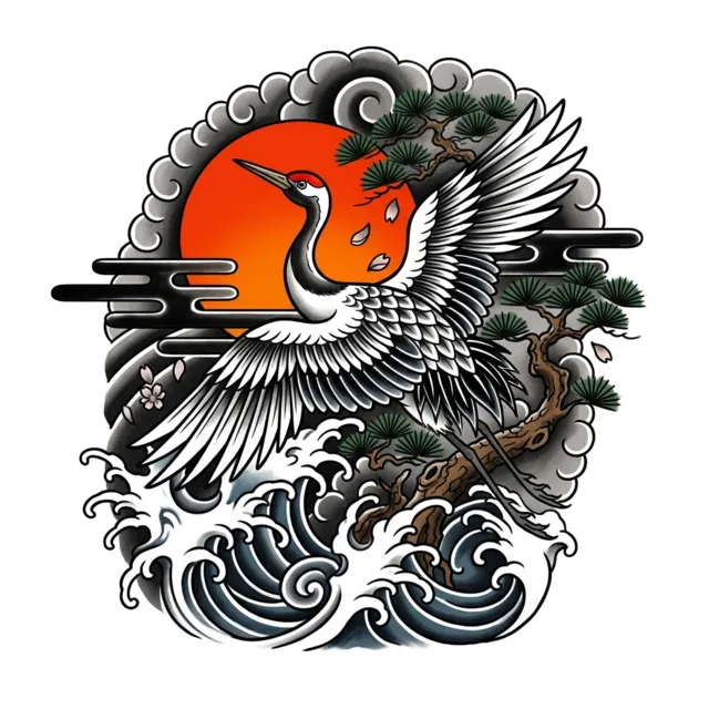 Japanese tattoo design: a crane with a rising sun