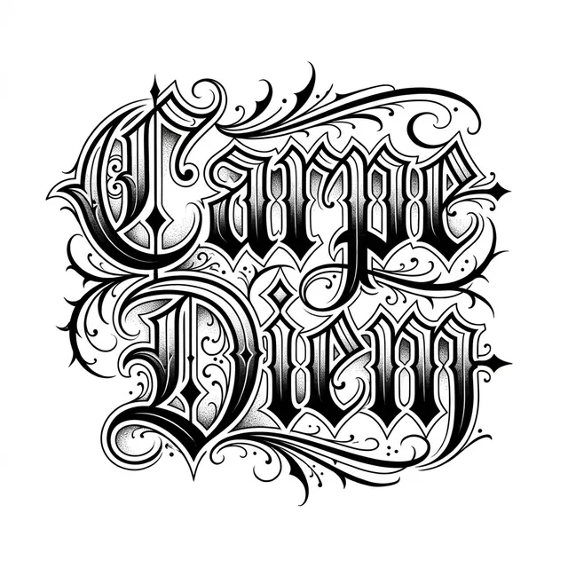 Lettering tattoo design: the phrase "Carpe Diem" in gothic blackletter