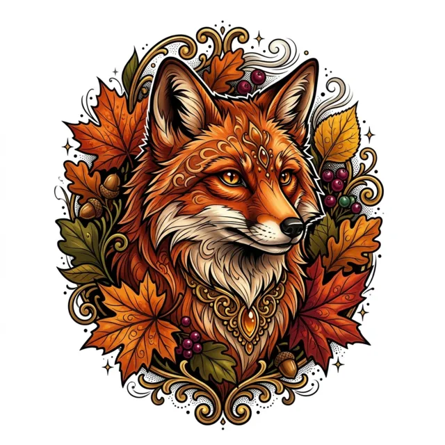 Neo-traditional tattoo design: a fox surrounded by autumn leaves