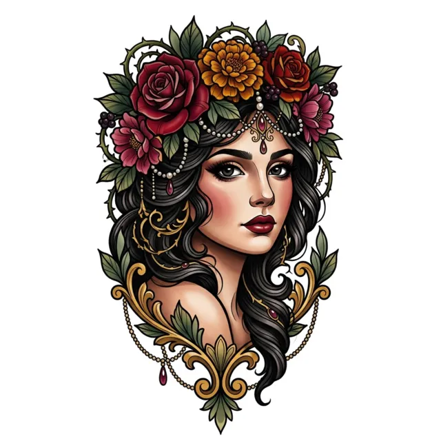 Neo-traditional tattoo design: a woman portrait with a flower crown