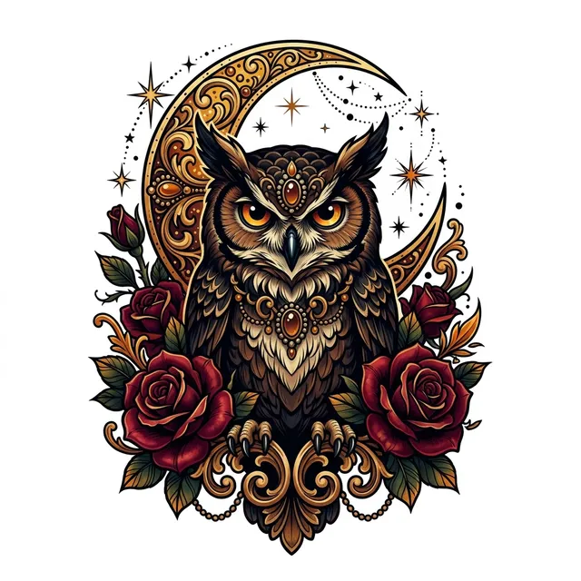 Tattoo-Design im Stil Neo-Traditional: eine Eule mit Rosen und einer Mondsichel