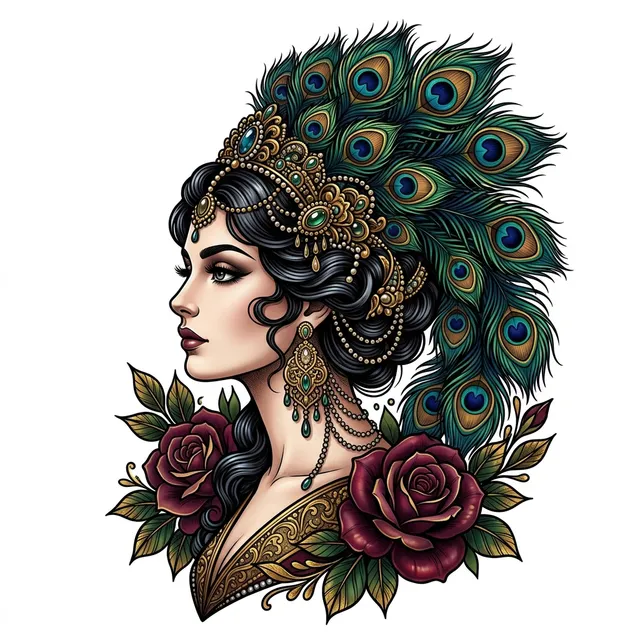 Tattoo-Design im Stil Neo-Traditional: eine Frau im Profil mit Pfauenfeder-Kopfschmuck