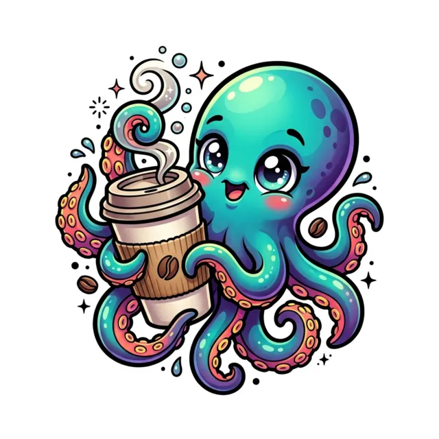 New school tattoo design: a cute octopus holding a coffee
