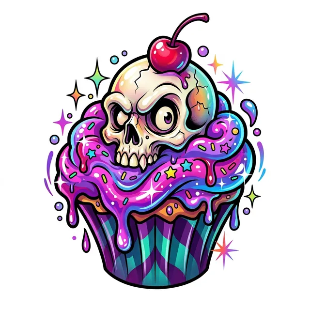New school tattoo design: a glossy cupcake with a skull