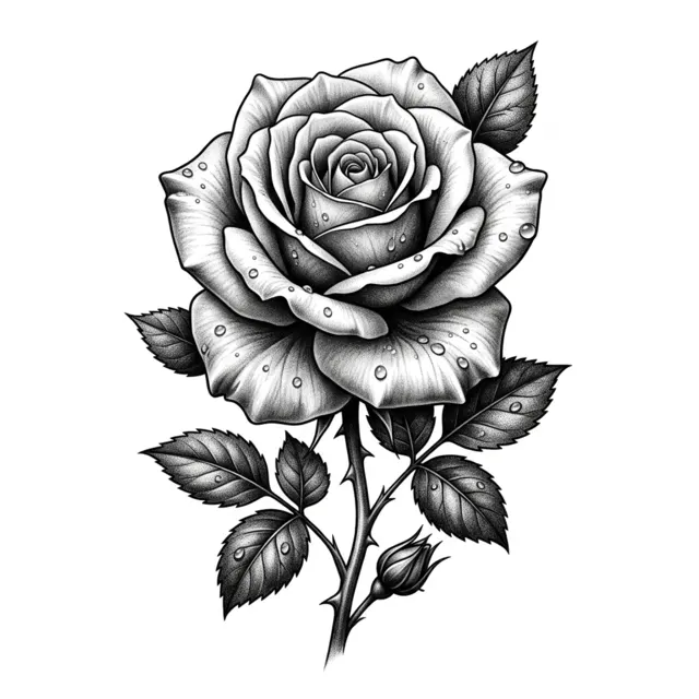 Realism tattoo design: a rose with dew drops