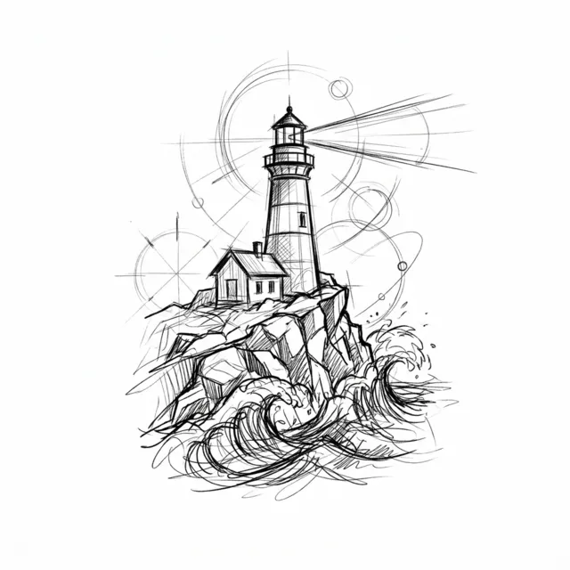Sketch tattoo design: a lighthouse on rocks