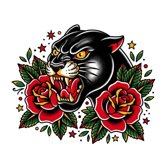 American traditional tattoo design: a panther head with roses