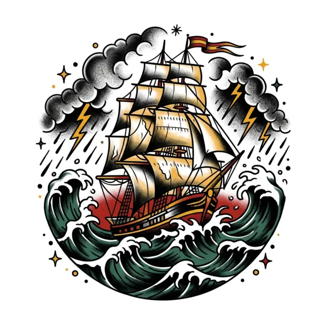 American traditional tattoo design: a ship in a storm