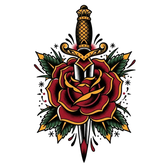 American traditional tattoo design: a rose with a dagger