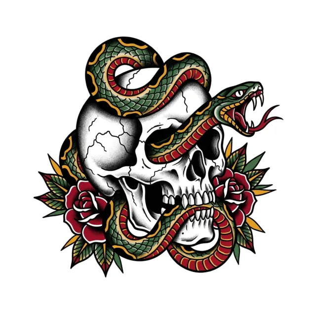 American traditional tattoo design: a skull with a snake