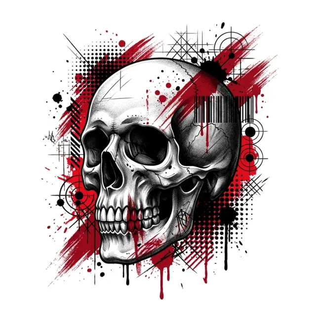 Trash polka tattoo design: a skull with red brush strokes
