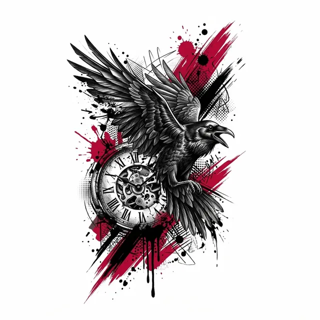 Trash polka tattoo design: a raven with red brush strokes and a clock