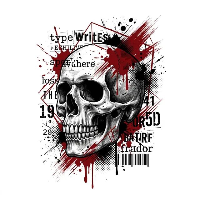 Trash polka tattoo design: a skull with red ink splashes and newspaper letters