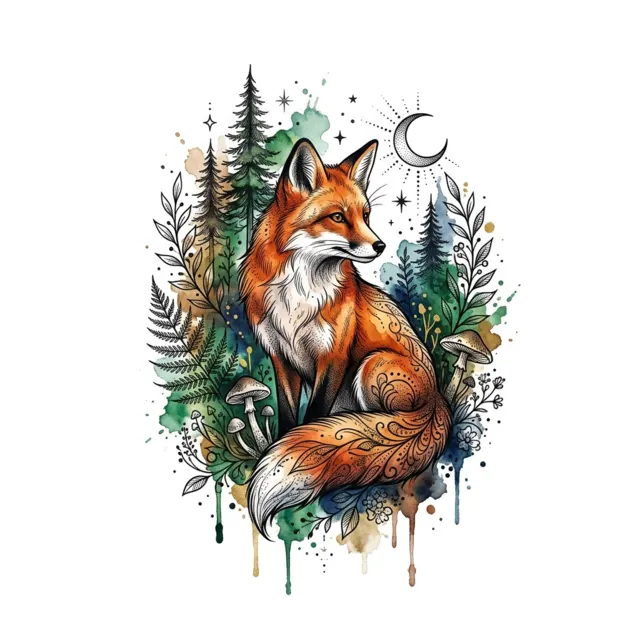 Watercolor tattoo design: a fox in the forest