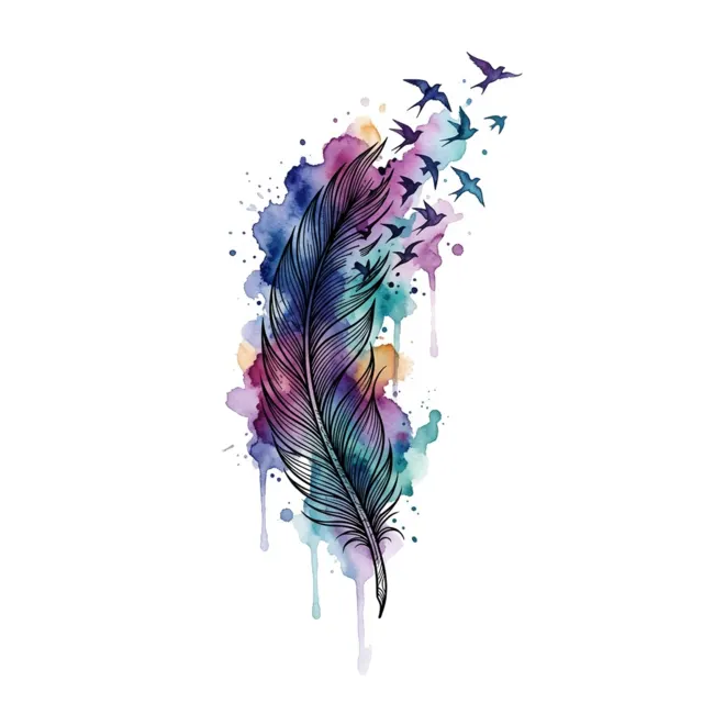 Watercolor tattoo design: a feather with birds flying away